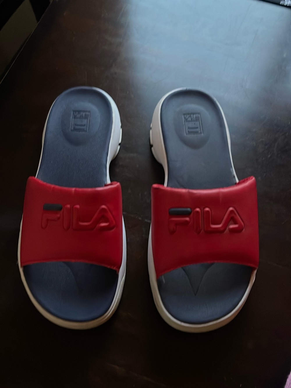 Vintage Sandals. Fila Red Strap Navy Footbed White Sole Slide Sandals